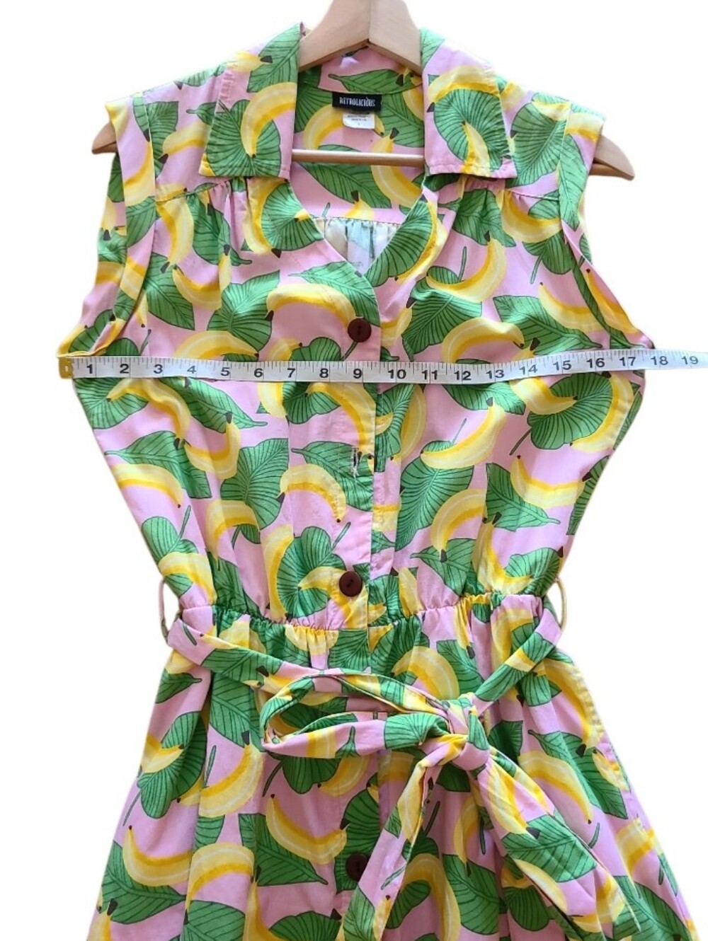 Retrolicious Banana Pattern Button Dress Green Yellow Retro Vintage-y Tie Waist - Picture 15 of 16